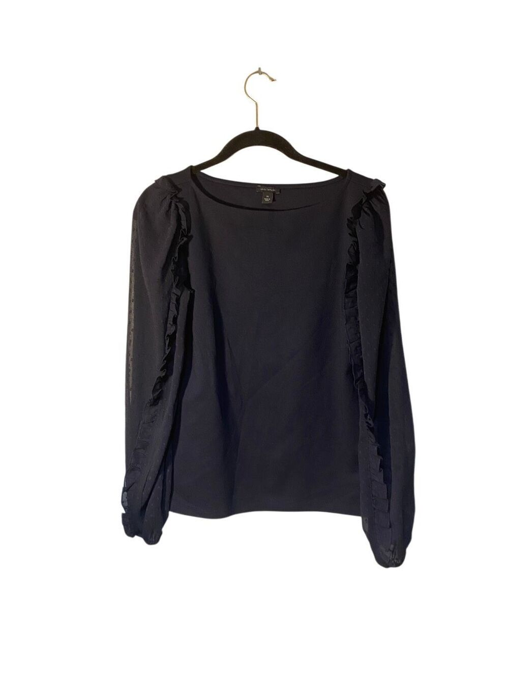Ann Taylor women’s navy blue ruffle, long sleeve tee XS